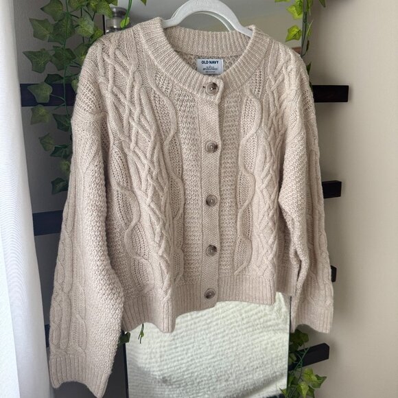 Old Navy, Cream Colored Cable Knit Sweater Cardigan // Large - Picture 1 of 2